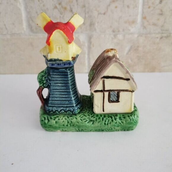 Vintage Windmill House Salt & Pepper Set, Japan Ceramic with Base 3 Pieces - Picture 8 of 9